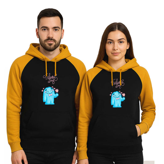 Happy Valentines Day Sevgili Çift Reglan Kol Renkli Kapşonlu Sweatshirt Hoodie