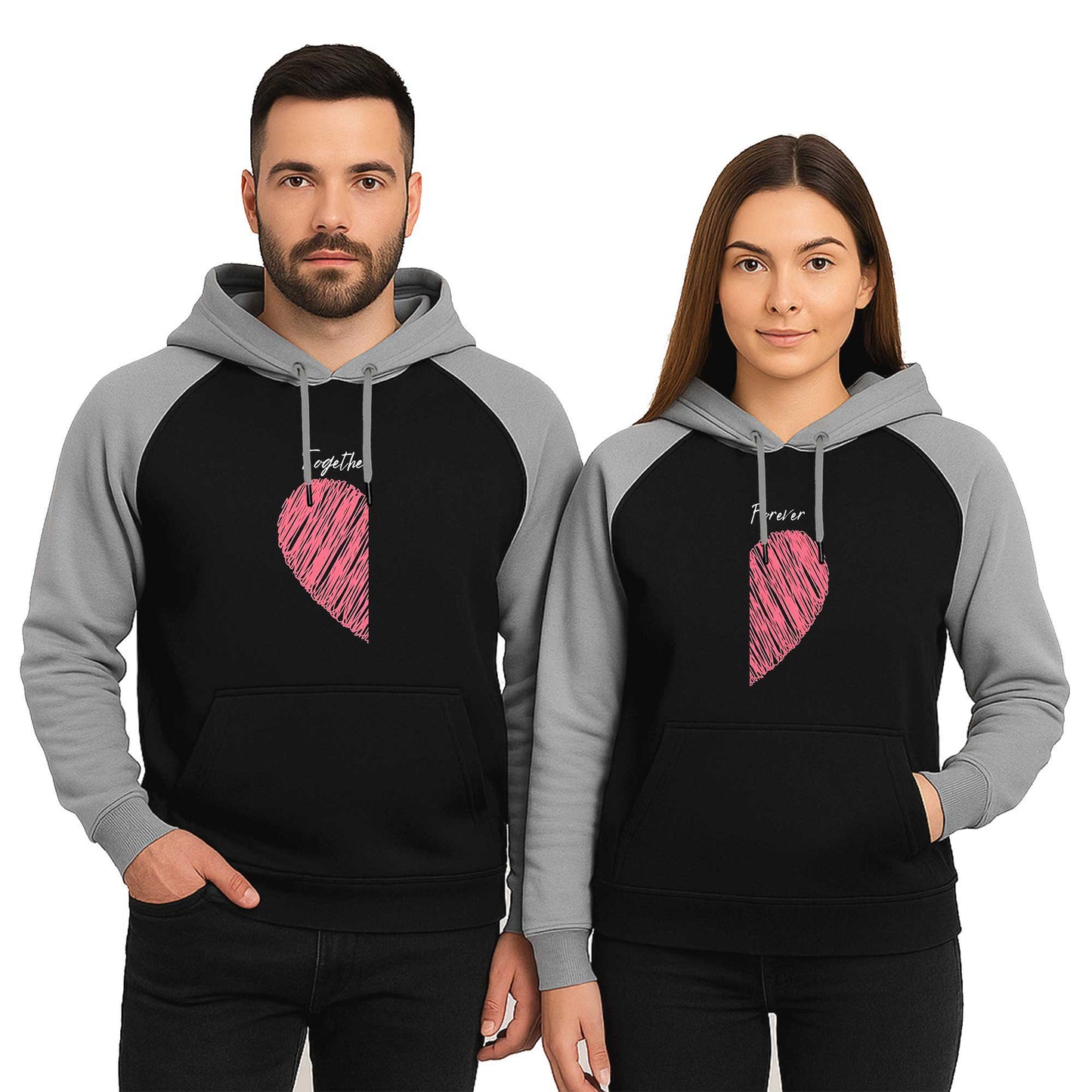 Kalp Togother and Forever Sevgili Çift Reglan Kol Renkli Kapşonlu Sweatshirt Hoodie