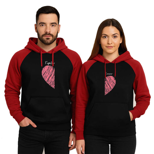 Kalp Togother and Forever Sevgili Çift Reglan Kol Renkli Kapşonlu Sweatshirt Hoodie