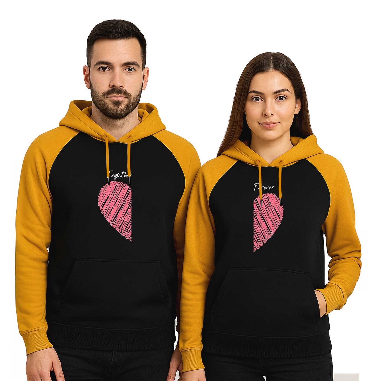 Kalp Togother and Forever Sevgili Çift Reglan Kol Renkli Kapşonlu Sweatshirt Hoodie