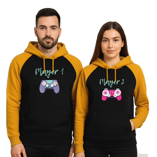 Player 2 Sevgili Çift Reglan Kol Renkli Kapşonlu Sweatshirt Hoodie
