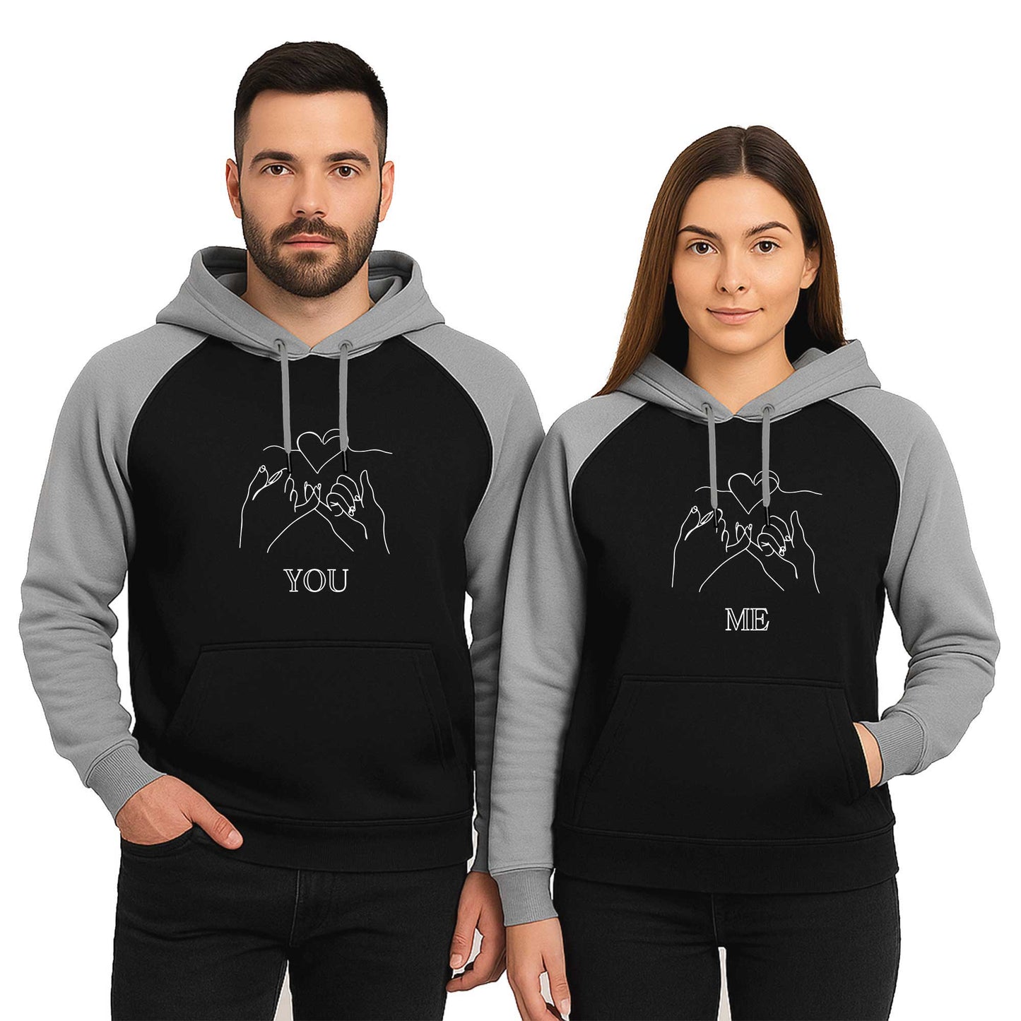 You and Me Sevgili Çift Reglan Kol Renkli Kapşonlu Sweatshirt Hoodie
