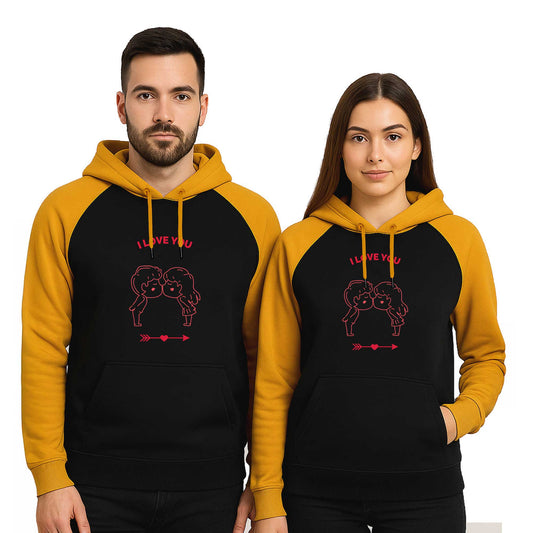 I Love You Kiss Sevgili Çift Reglan Kol Renkli Kapşonlu Sweatshirt Hoodie