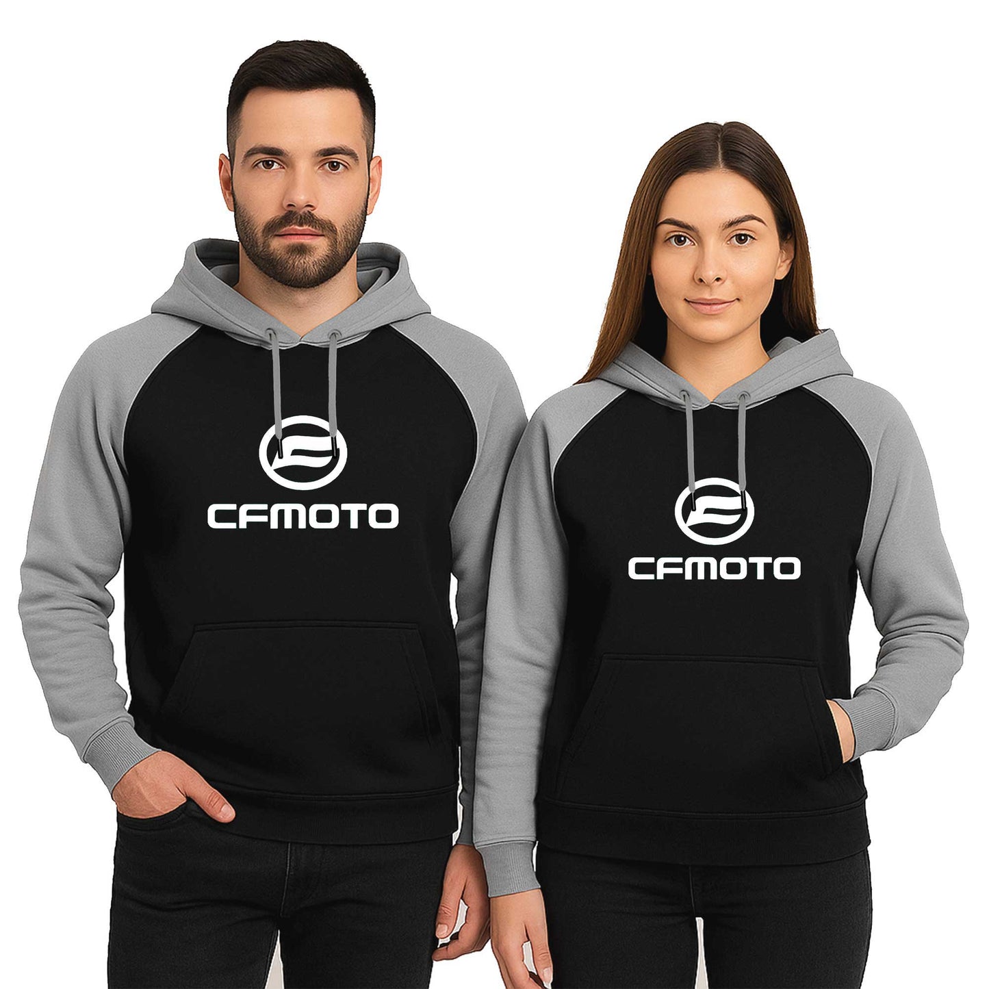 CFMoto Logo White Sevgili Çift Reglan Kol Renkli Kapşonlu Sweatshirt Hoodie