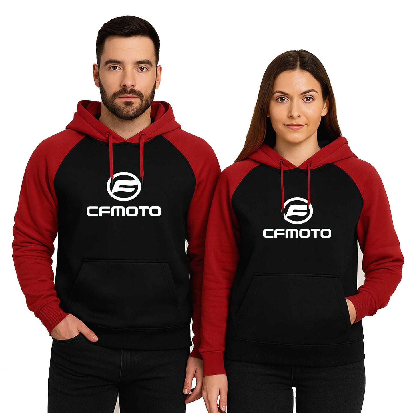 CFMoto Logo White Sevgili Çift Reglan Kol Renkli Kapşonlu Sweatshirt Hoodie