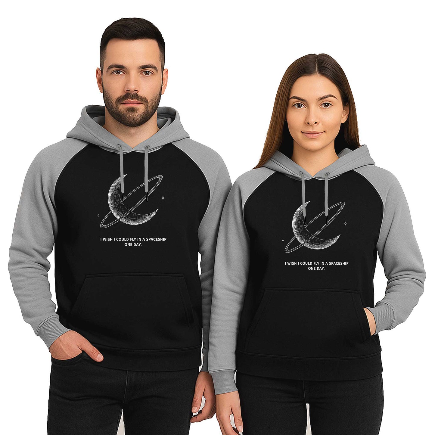 Spaceship Sevgili Çift Reglan Kol Renkli Kapşonlu Sweatshirt Hoodie