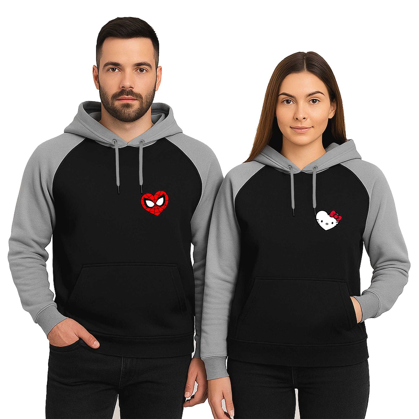 Spiderman Hello Kitty Sevgili Çift Reglan Kol Renkli Kapşonlu Sweatshirt Hoodie
