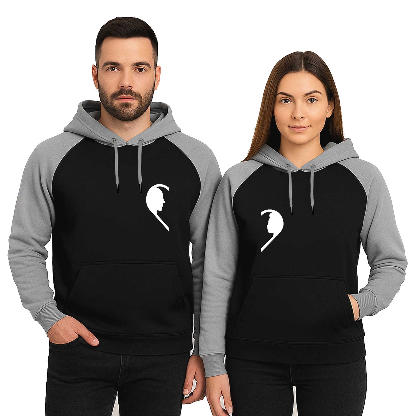 Mr. Mrs. Silüet Sevgili Çift Reglan Kol Renkli Kapşonlu Sweatshirt Hoodie