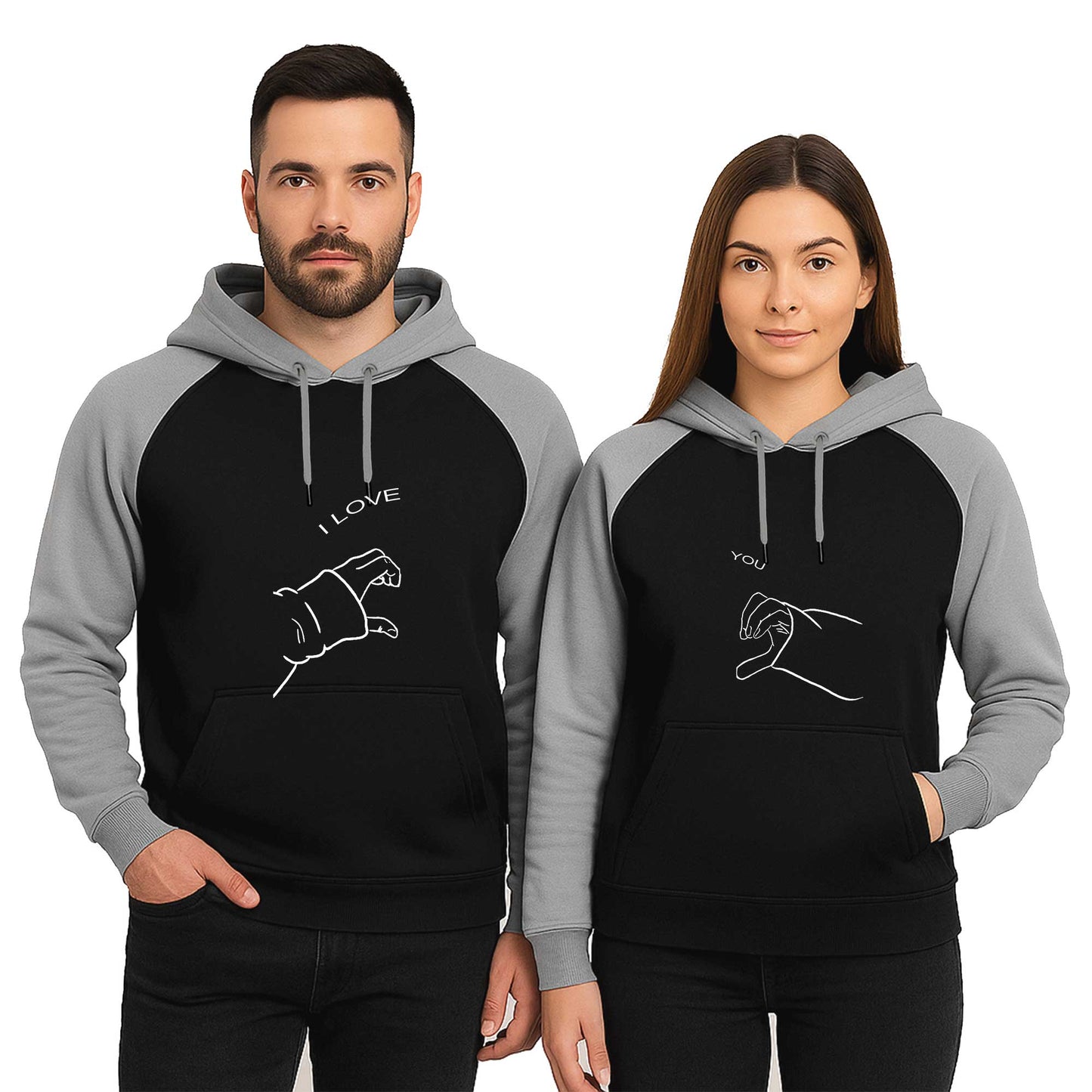 I Love You Kalp Sevgili Çift Reglan Kol Renkli Kapşonlu Sweatshirt Hoodie