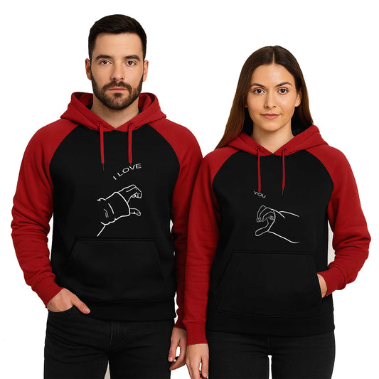 I Love You Kalp Sevgili Çift Reglan Kol Renkli Kapşonlu Sweatshirt Hoodie
