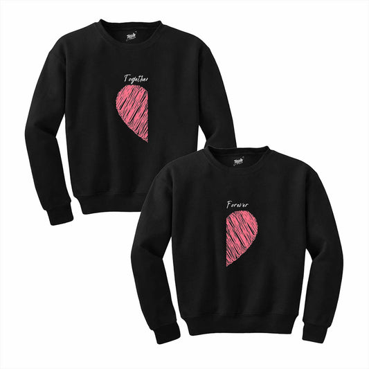 Kalp Togother and Forever Sevgili Çift Siyah Sweatshirt