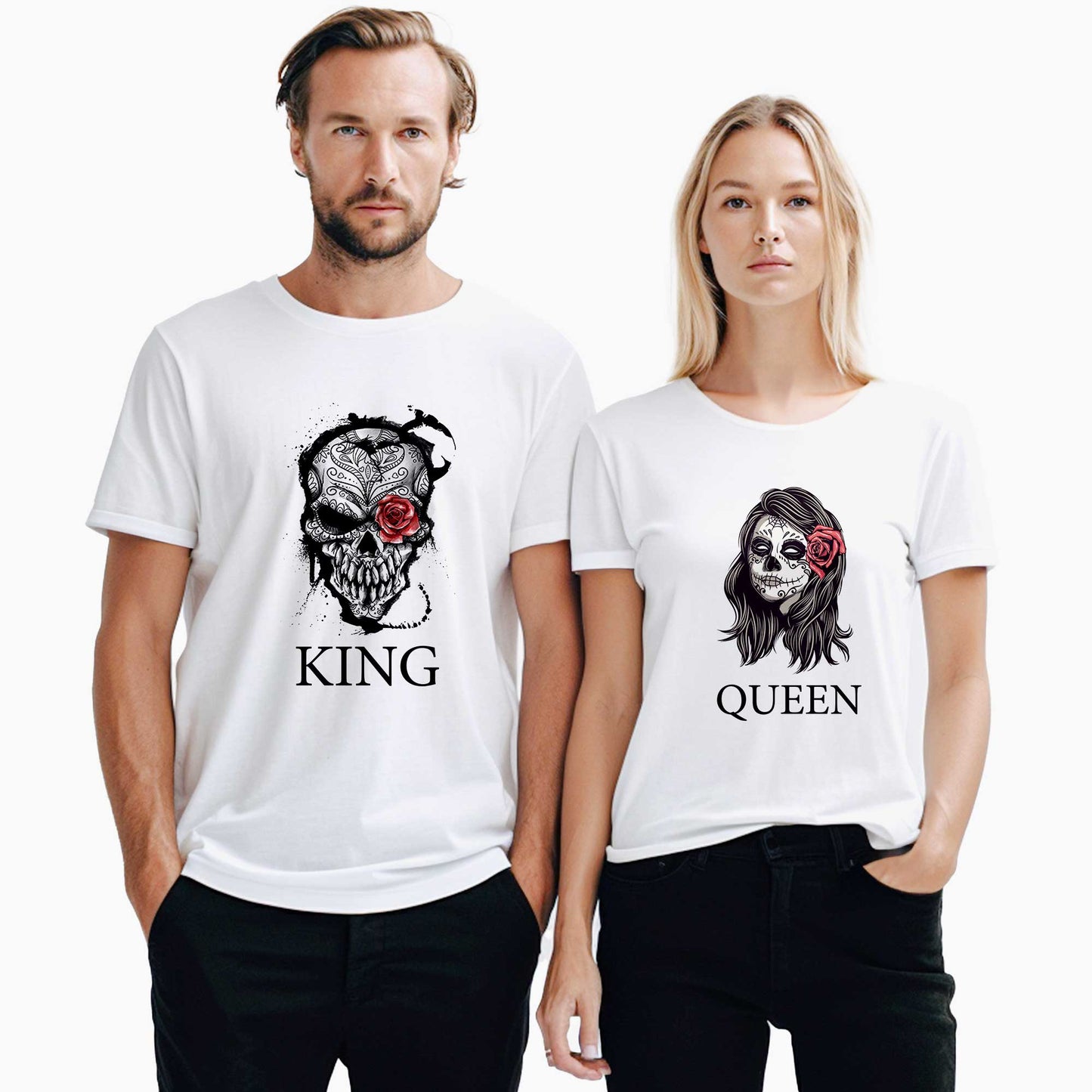 King Queen Kuru Kafa Sevgili Çift Beyaz Tişörtü