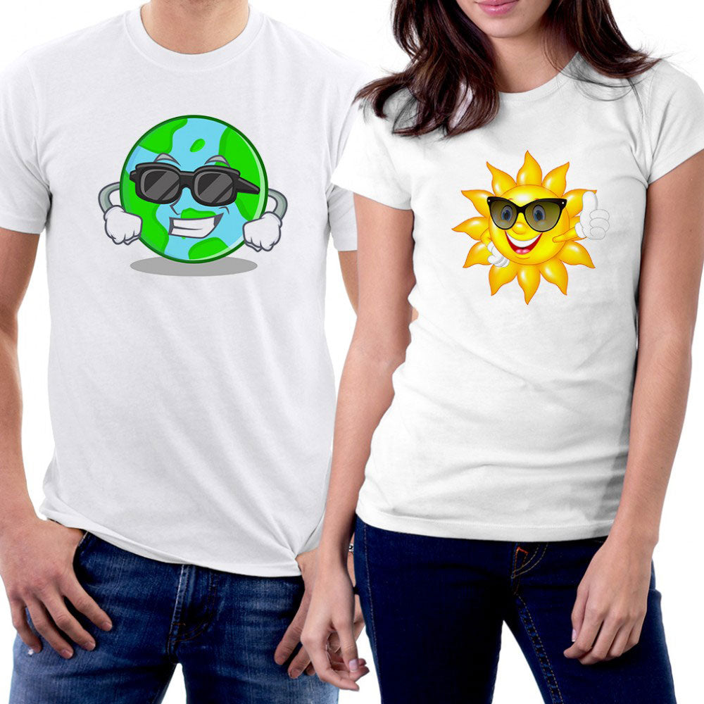 Dünya ve Güneş Sevgili Çift Beyaz Tişört