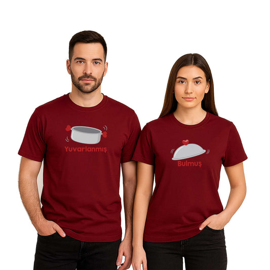Tencere Yuvarlanmış Kapağını bulmuş Sevgili Çift Renkli Tişört