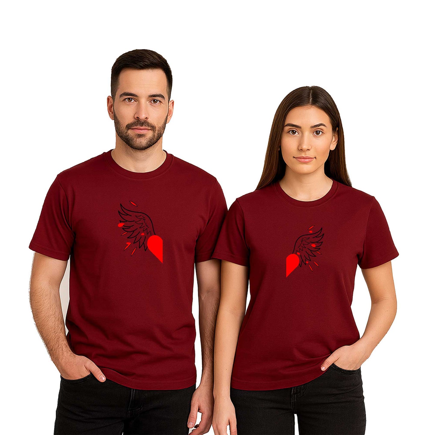 Heart Angel Wing Sevgili Çift Renkli Tişört