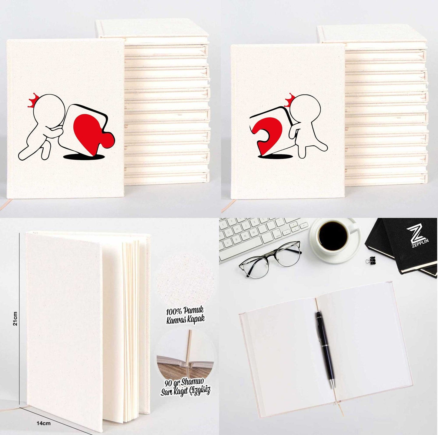 Kalp Yapboz Sevgili Çift Kanvas Defter