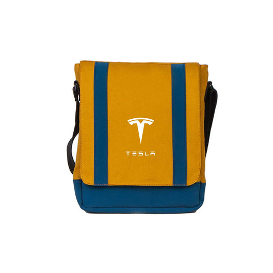 Tesla Logo Text Sarı Heybe Çantası