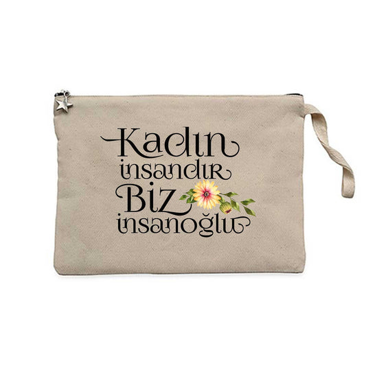 Kadın İnsandır Biz İnsanoğlu Krem Clutch Astarlı Cüzdan / El Çantası