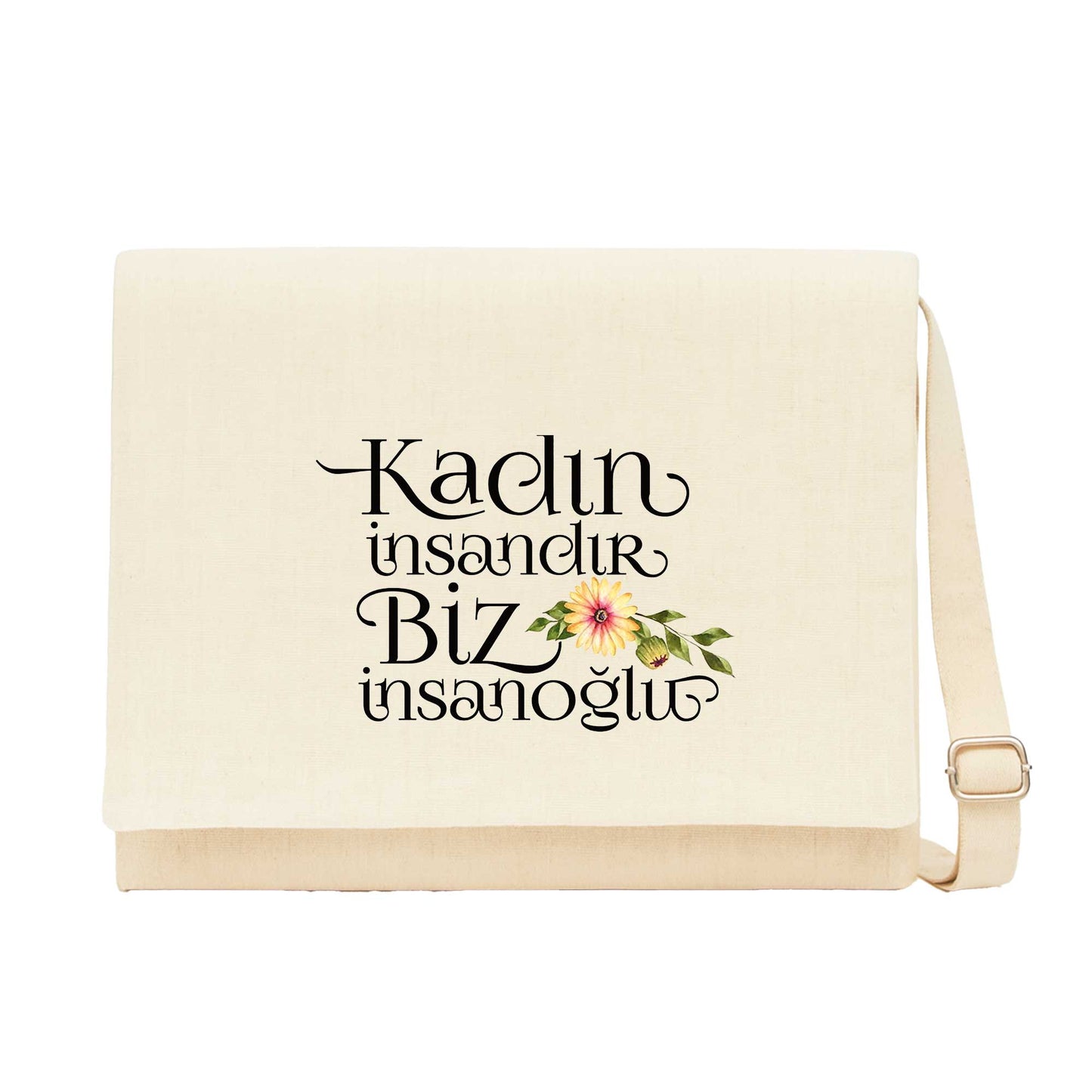 Kadın İnsandır Biz İnsanoğlu Krem Kanvas Postacı Çantası