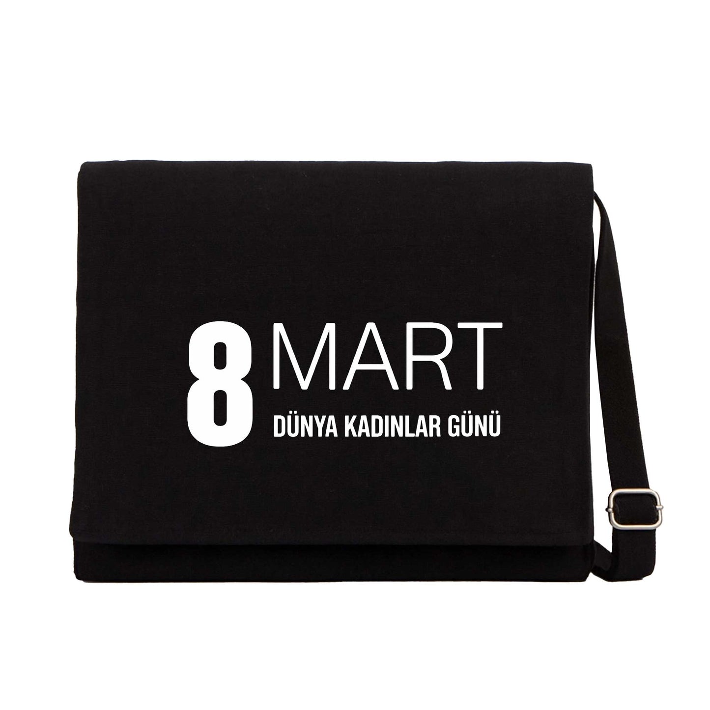 8 Mart Yazı Siyah Kanvas Postacı Çantası