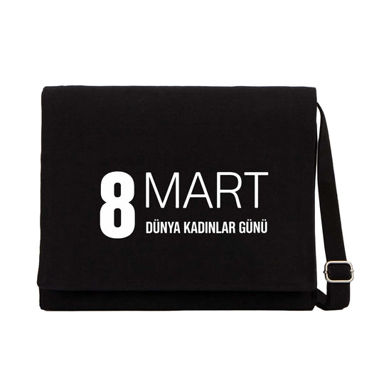 8 Mart Yazı Siyah Kanvas Postacı Çantası