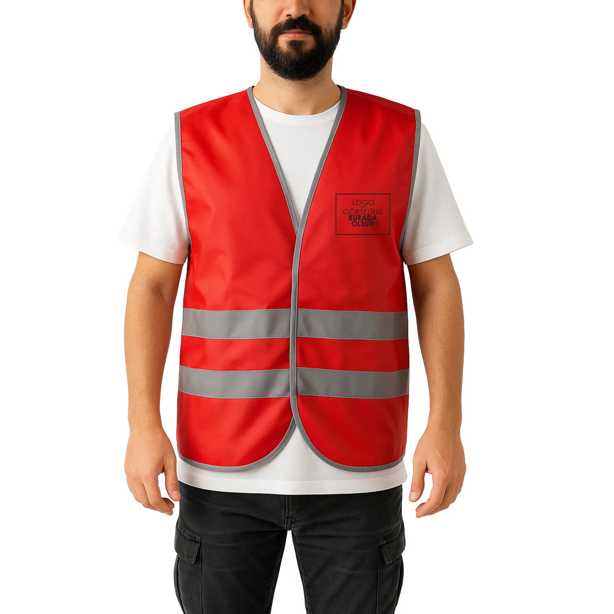 Logo Baskılı Reflektörlü İkaz Yeleği Kırmızı Baskılı Toptan
