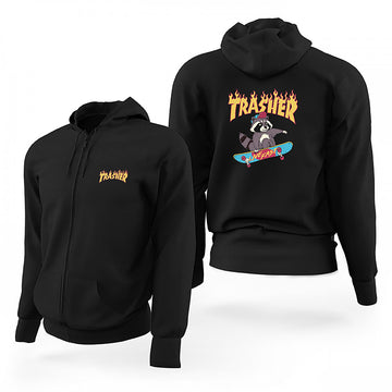 Trasher Skate Racoon Siyah Fermuarlı Limited Edition Kapşonlu Sweatshirt