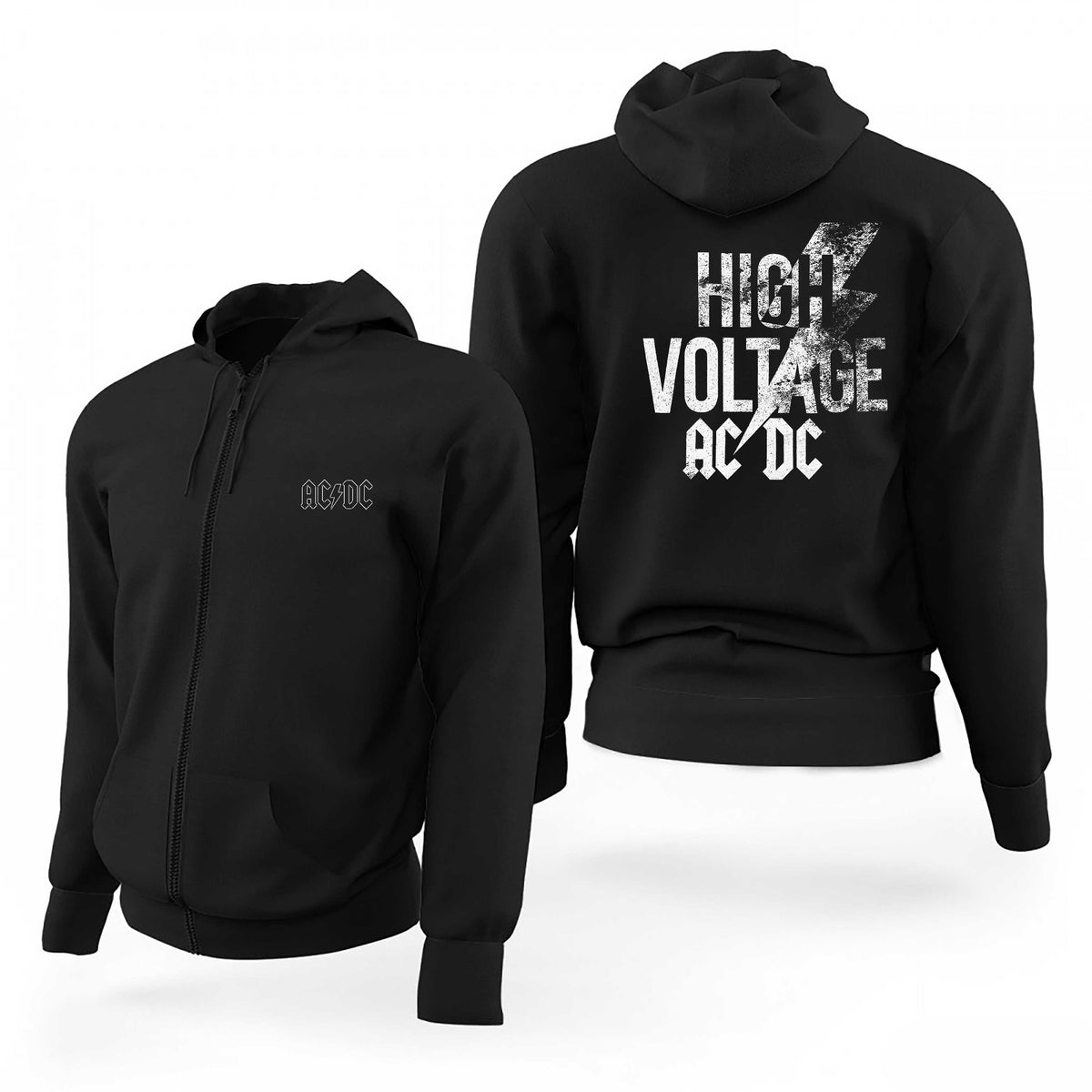 Ac Dc High Voltage Text Siyah Fermuarlı Limited Edition Kapşonlu Sweatshirt