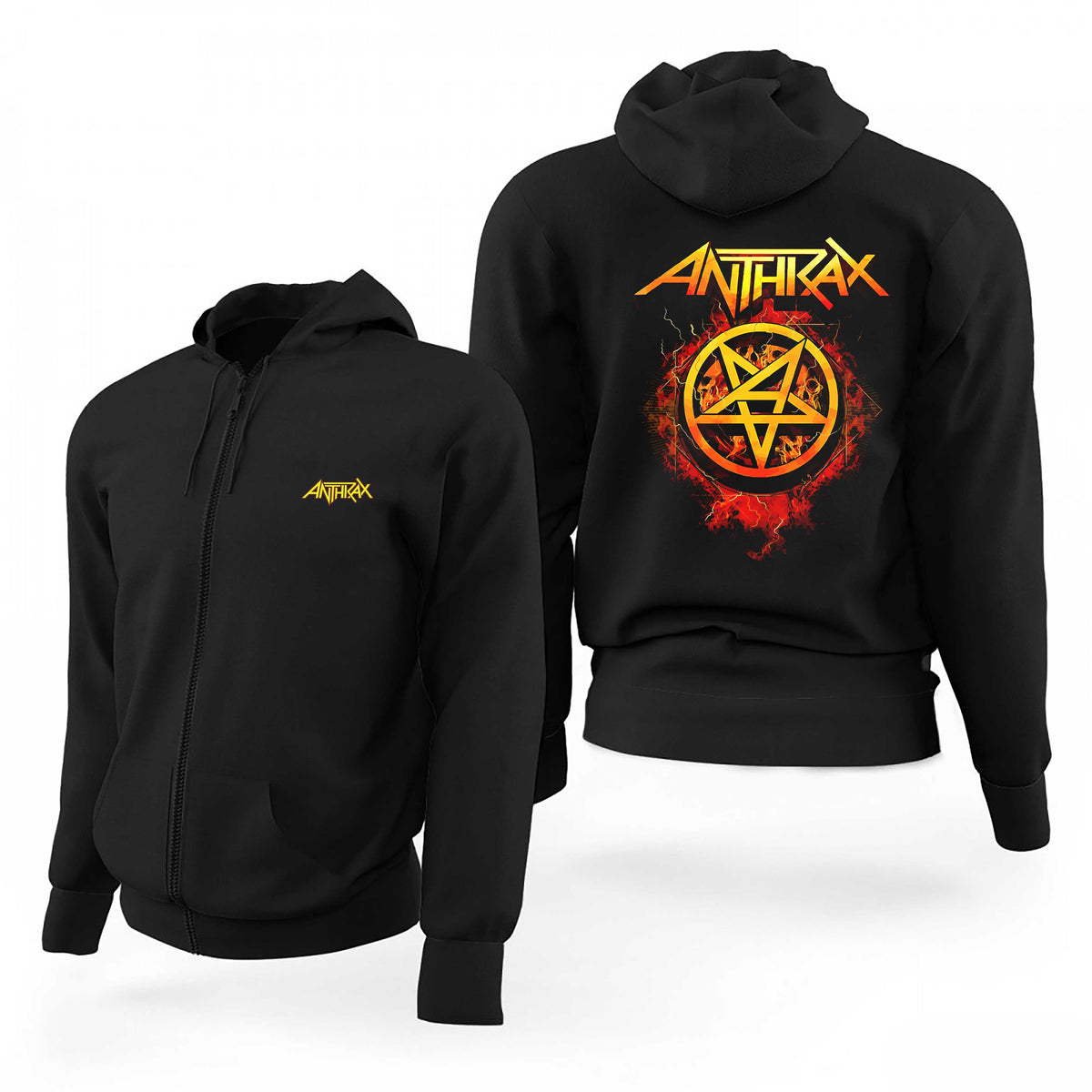 Anthrax Fire Pentagram Siyah Fermuarlı Limited Edition Kapşonlu Sweatshirt