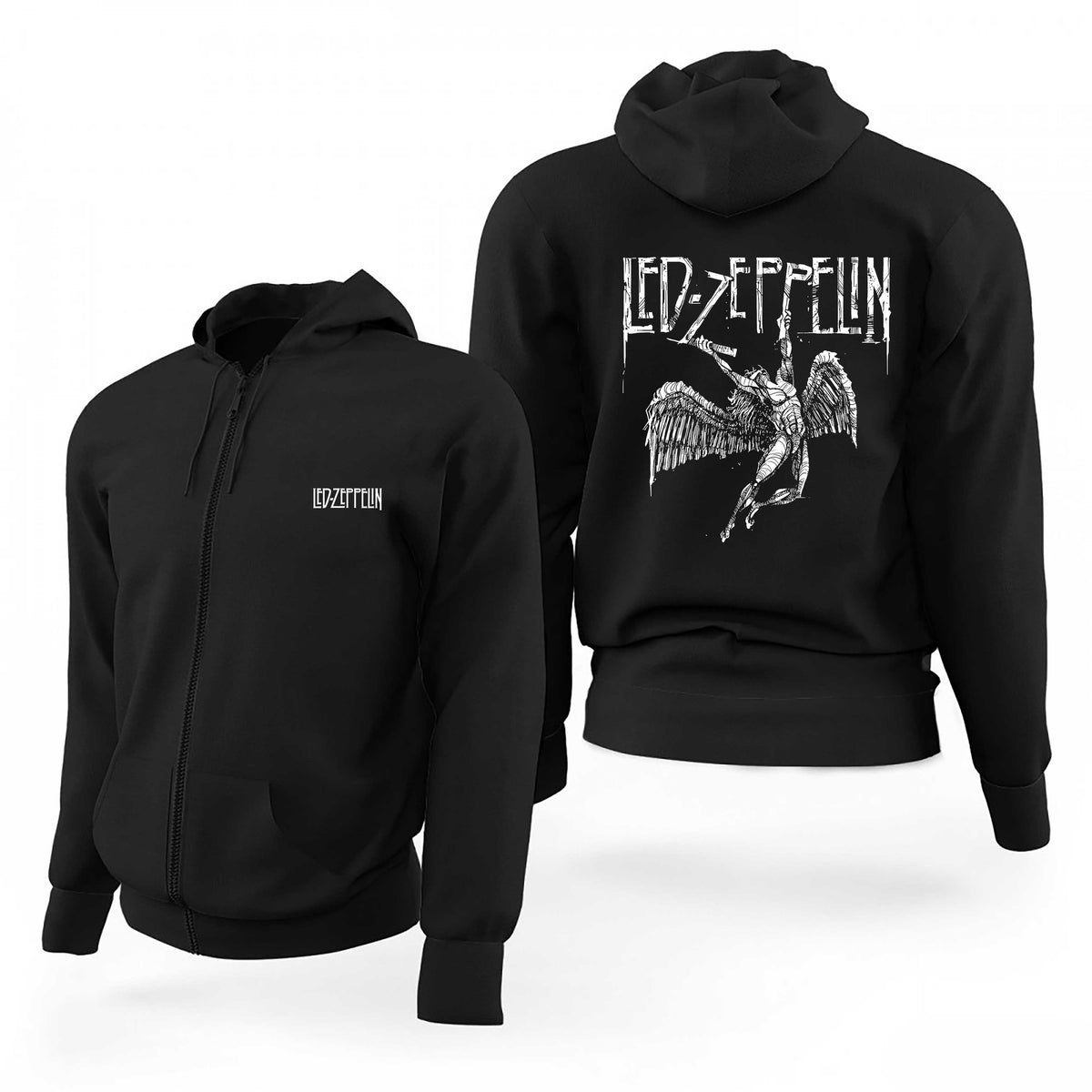 Led Zeppelin Failing Angel Logo Text Siyah Fermuarlı Limited Edition Kapşonlu Sweatshirt