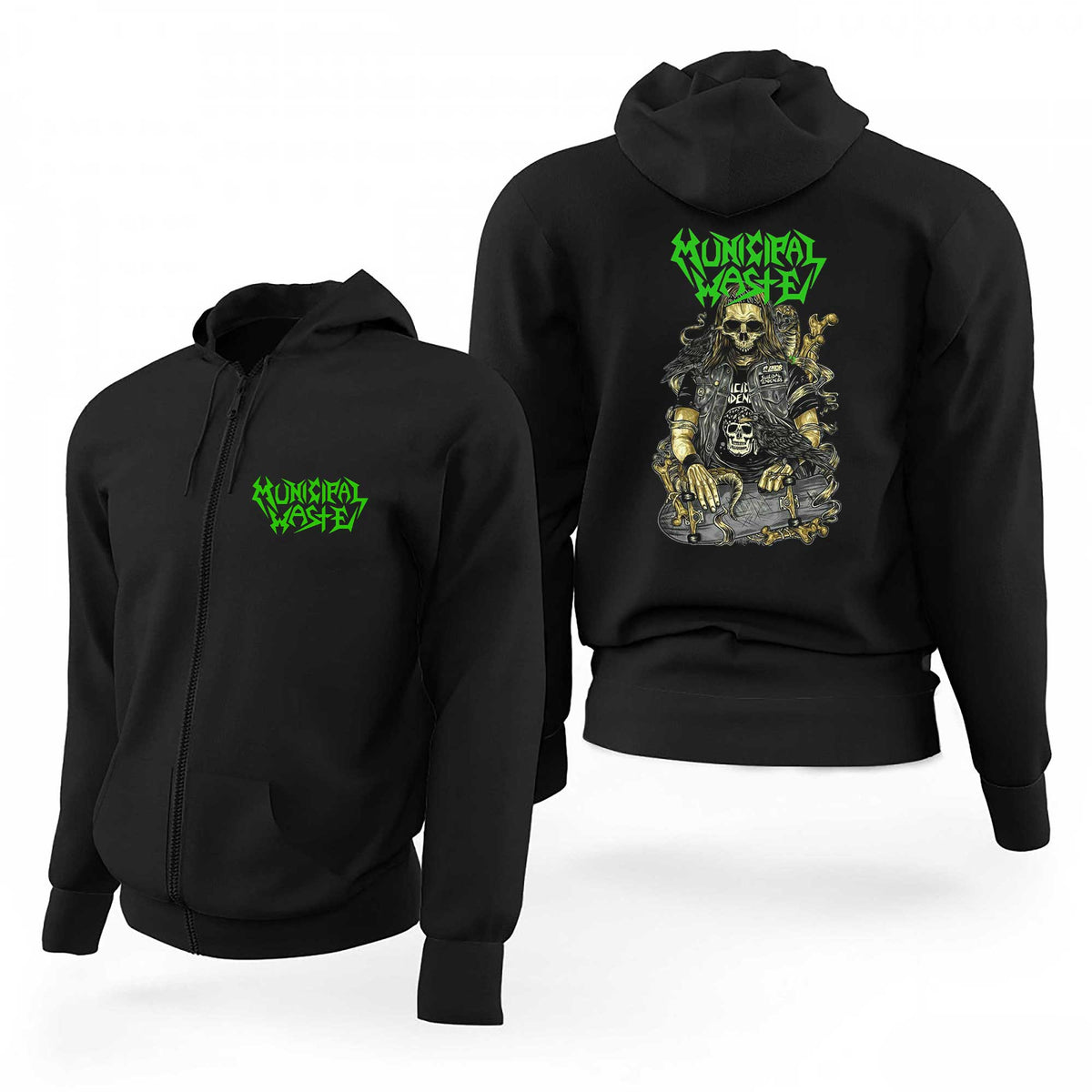 Municipal Waste Green Text Skaterskull Siyah Fermuarlı Limited Edition Kapşonlu Sweatshirt