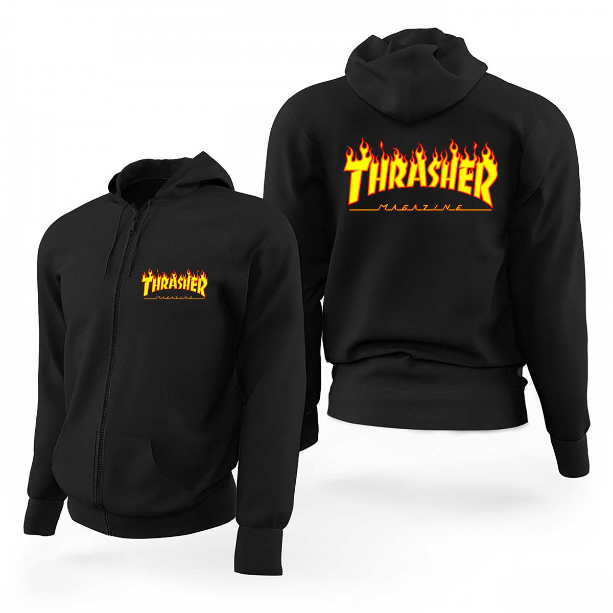 Trasher Fire Text Siyah Fermuarlı Limited Edition Kapşonlu Sweatshirt