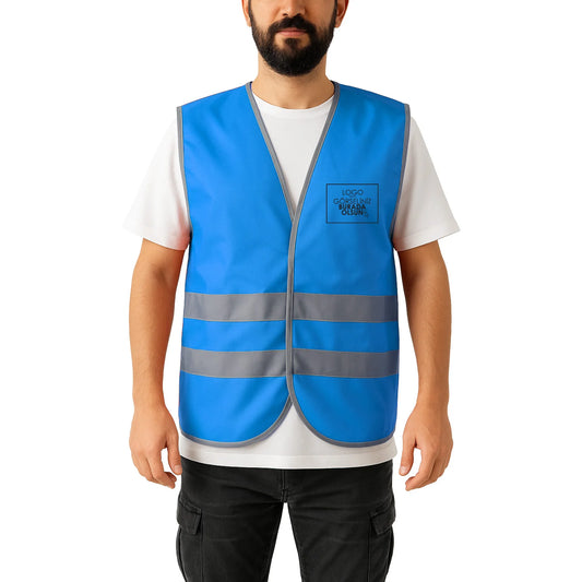 Logo Baskılı Reflektörlü İkaz Yeleği Mavi Baskılı Toptan