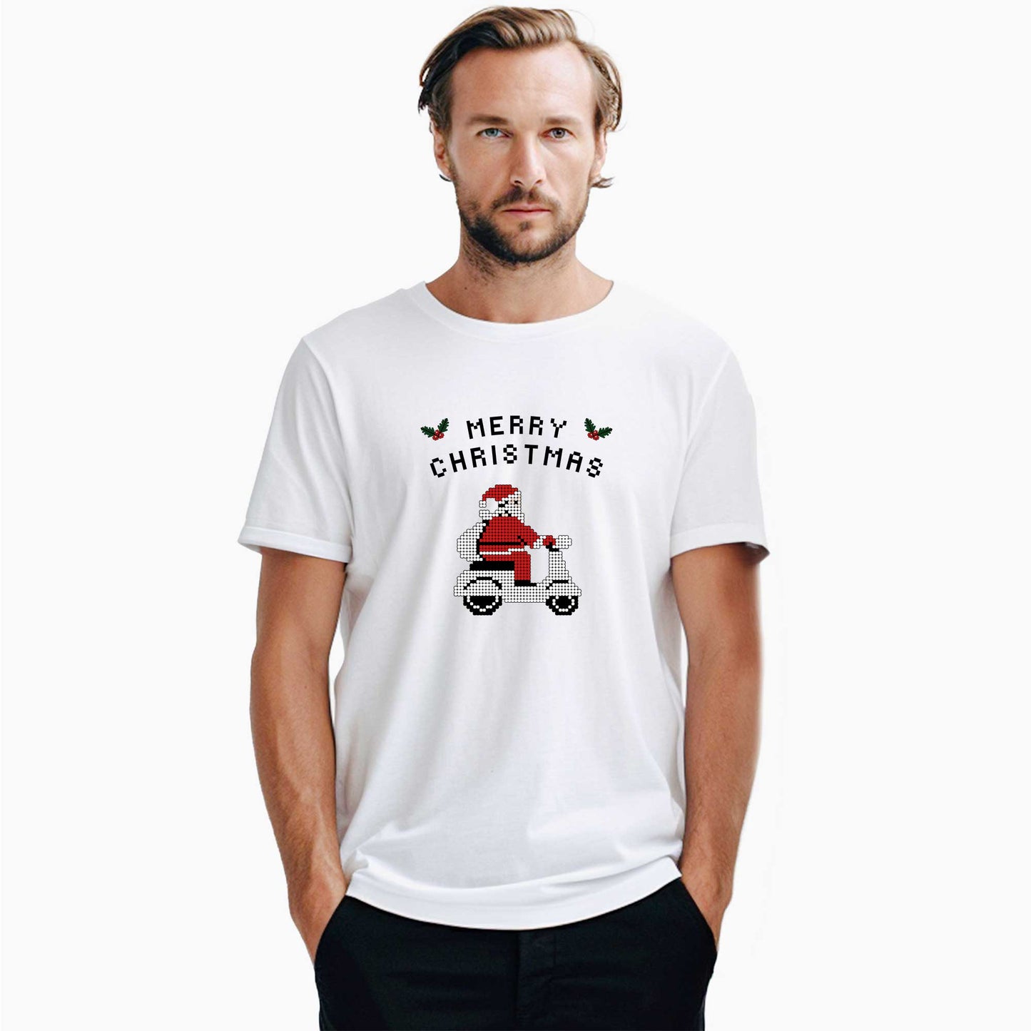 Motorsikletli Noel Baba Beyaz Tişört