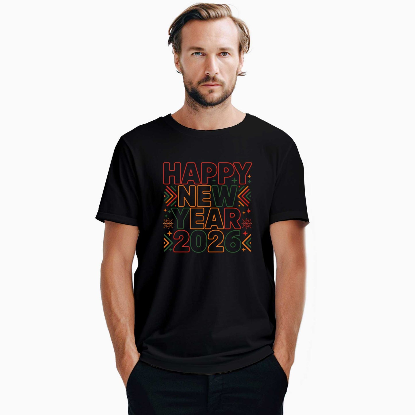 2026 Text Happy New Year Siyah Tişört