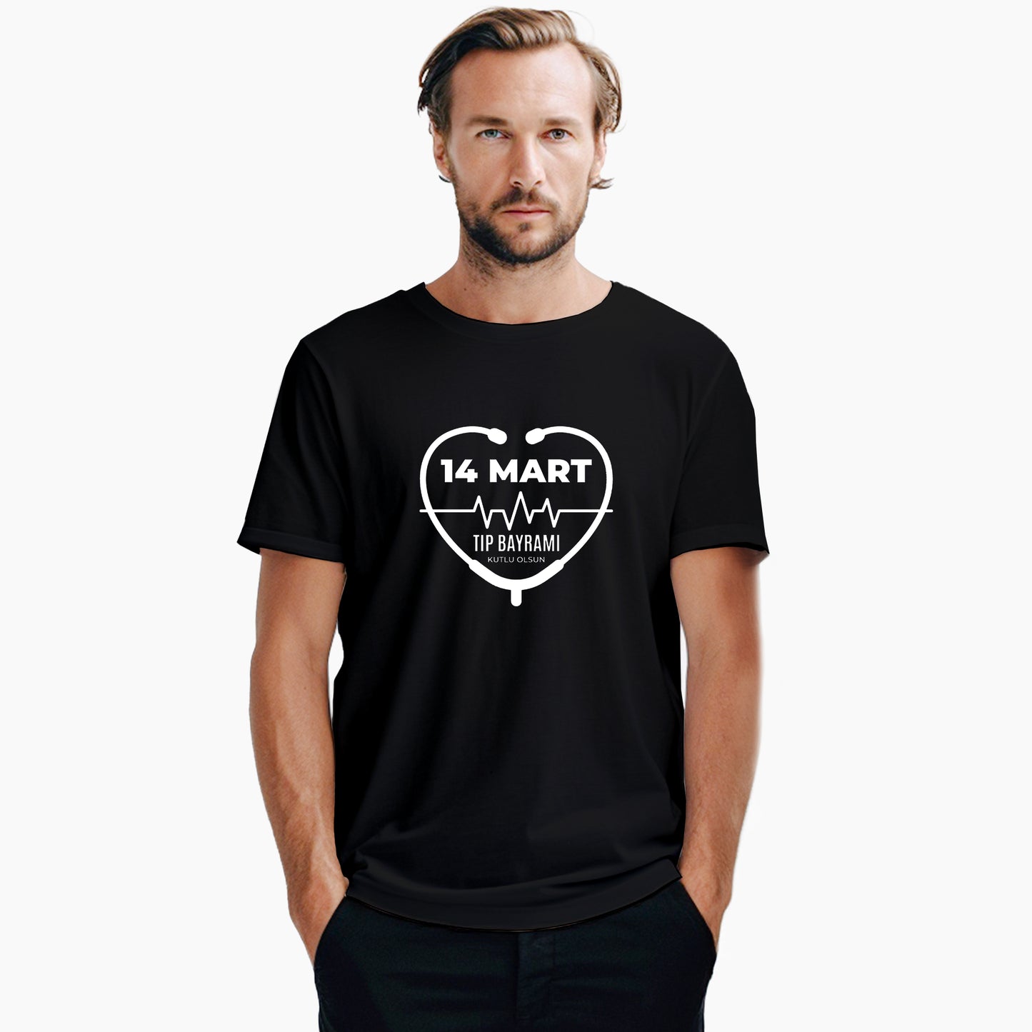 14 Mart Tıp Bayramı Ritim Siyah Tişört