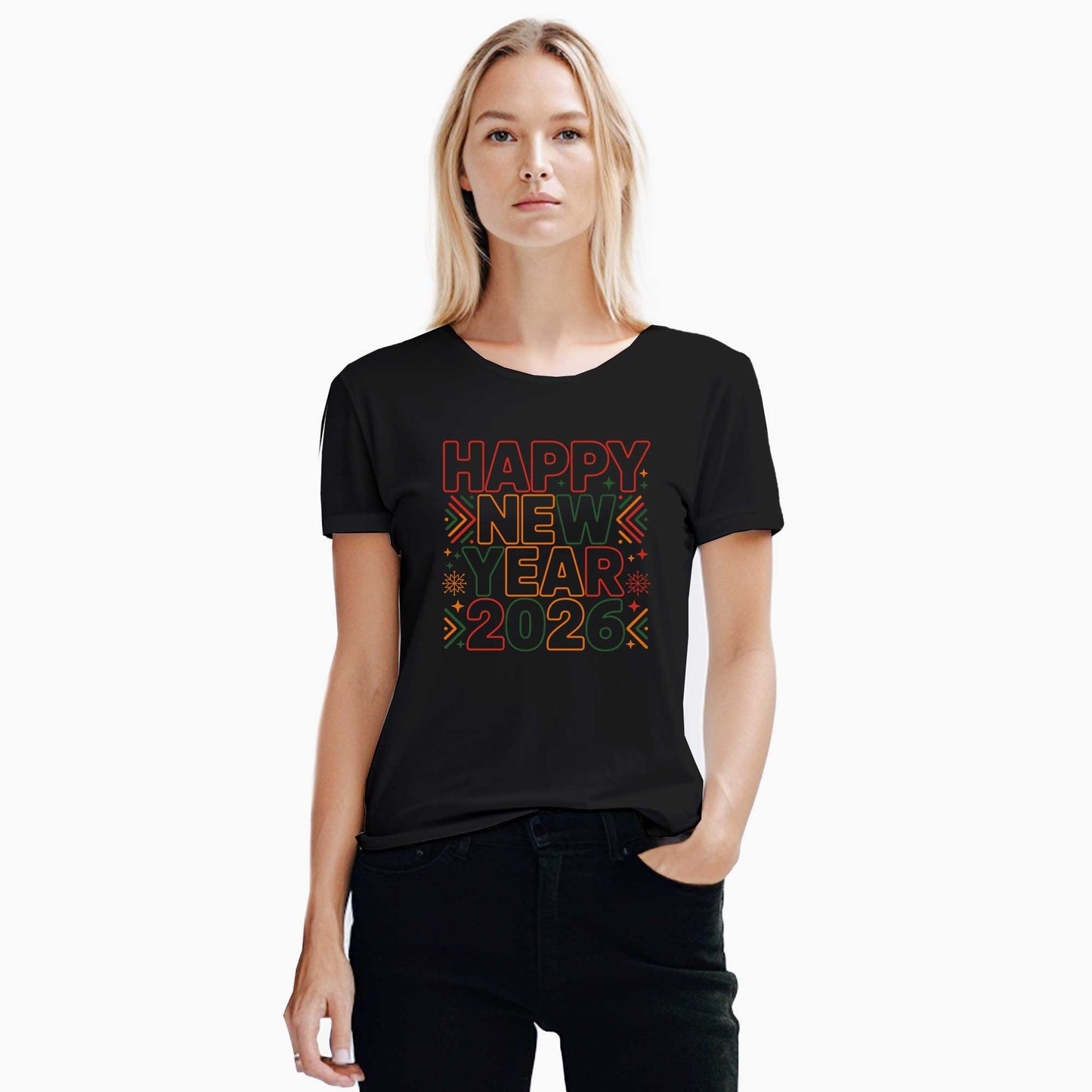 2026 Text Happy New Year Siyah Kadın Tişört