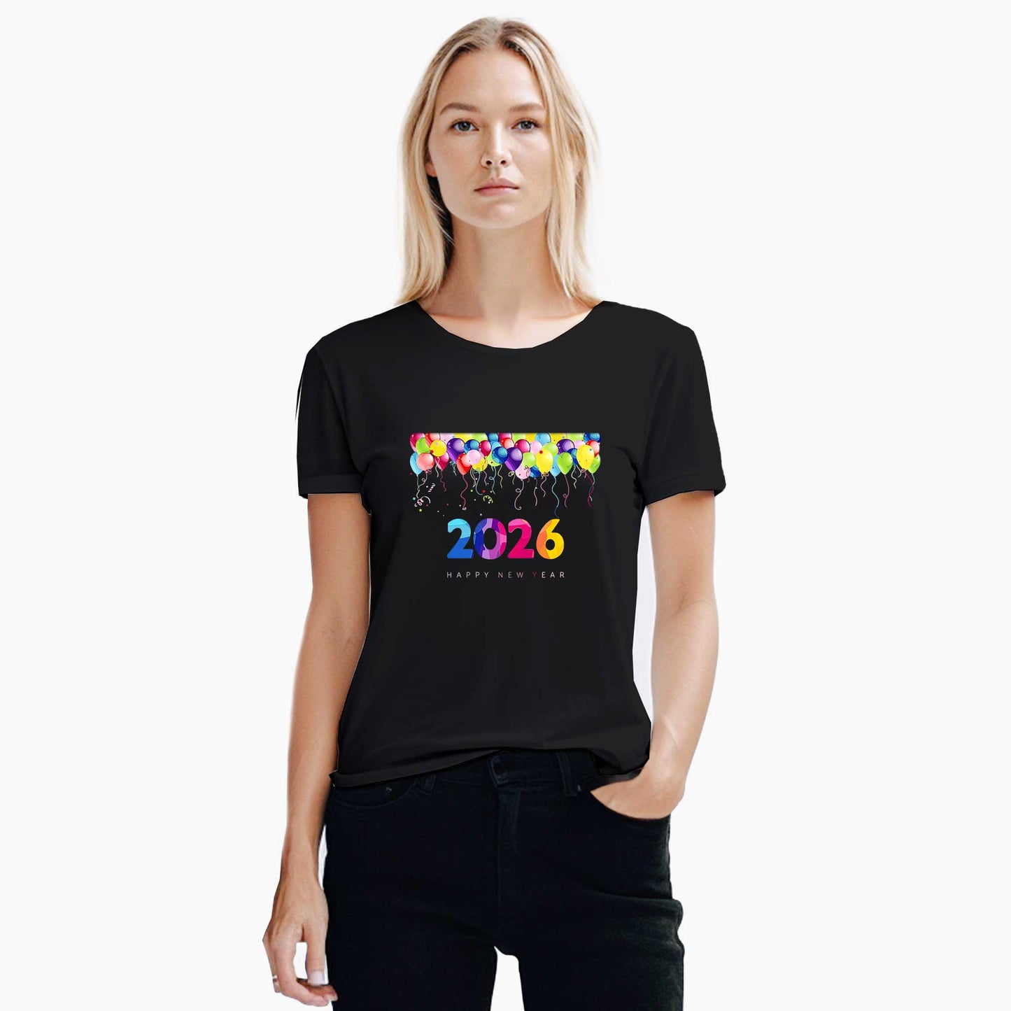 Happy New Year Balonlar Siyah Kadın Tişört