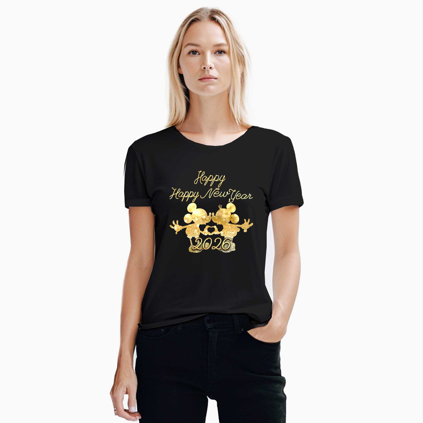 Happy New Year Mickey Siyah Kadın Tişört