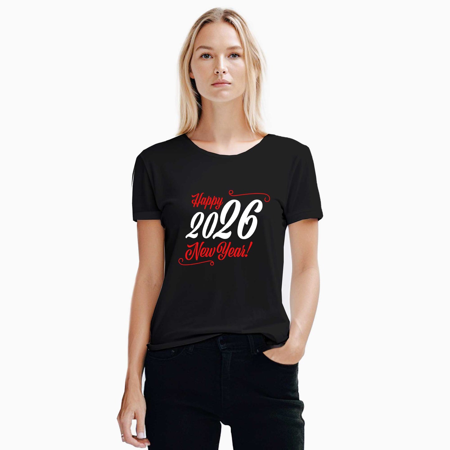 Happy New Year Text 2026 Siyah Kadın Tişört