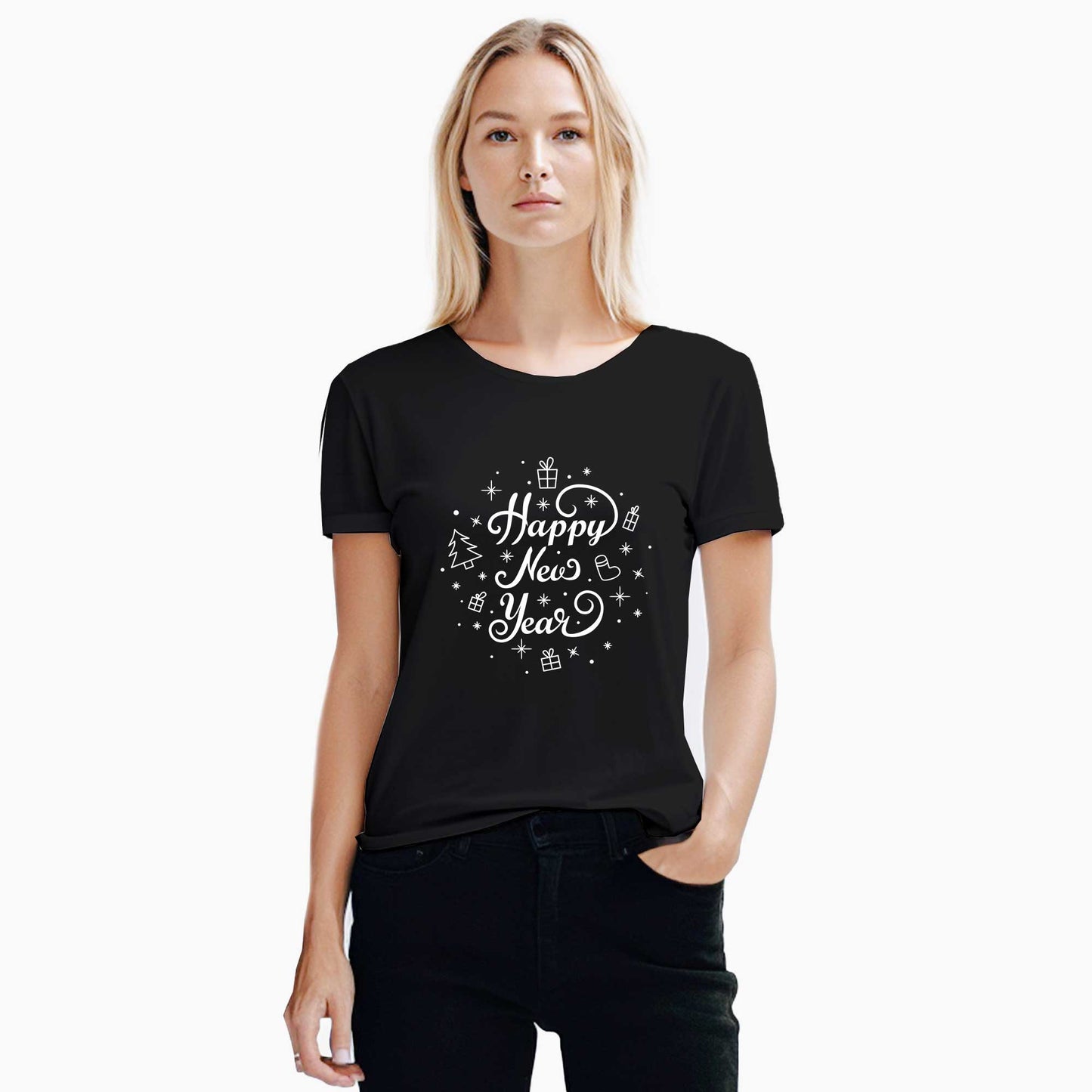 Happy New Year White Siyah Kadın Tişört