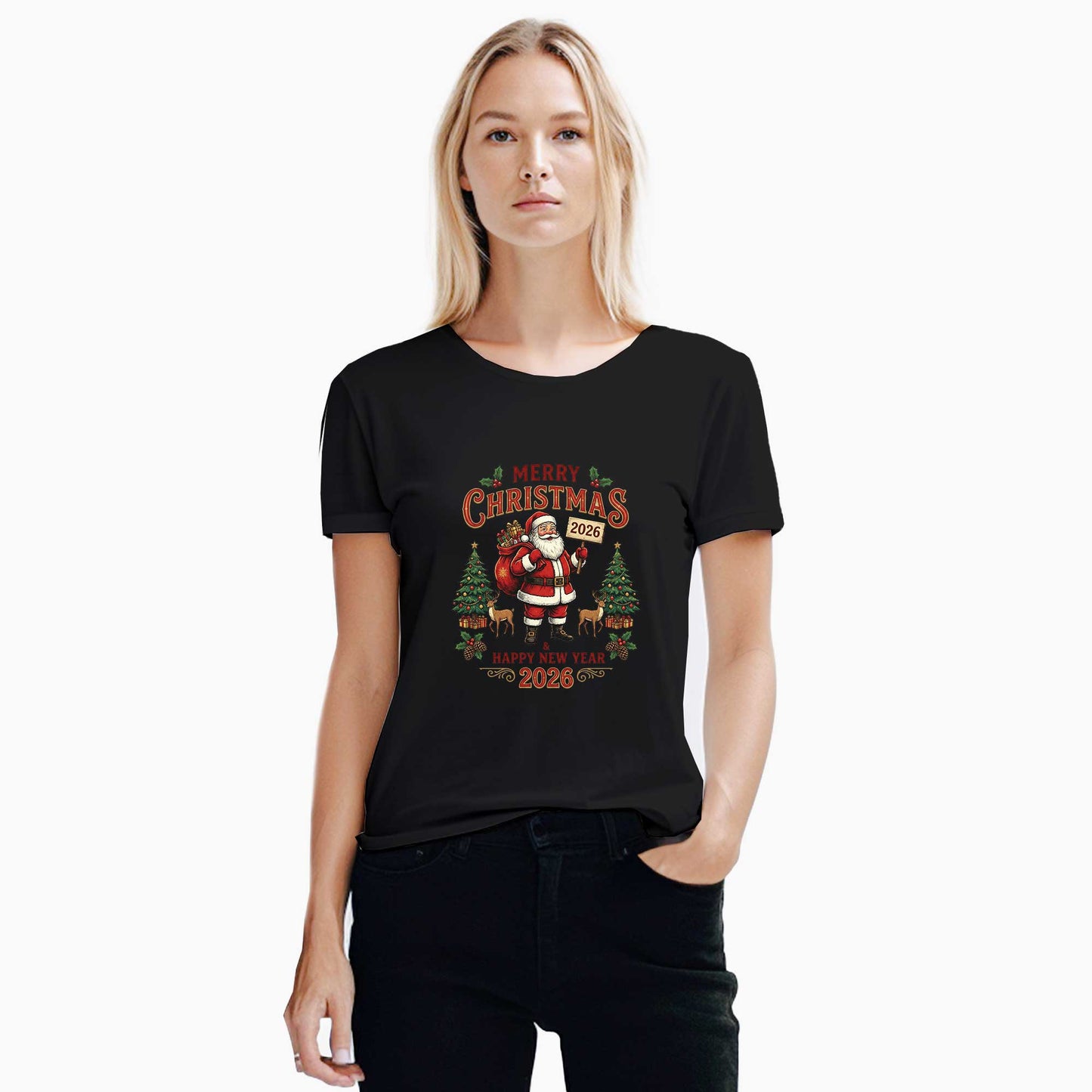 New Year 2026 Noel Baba Siyah Kadın Tişört