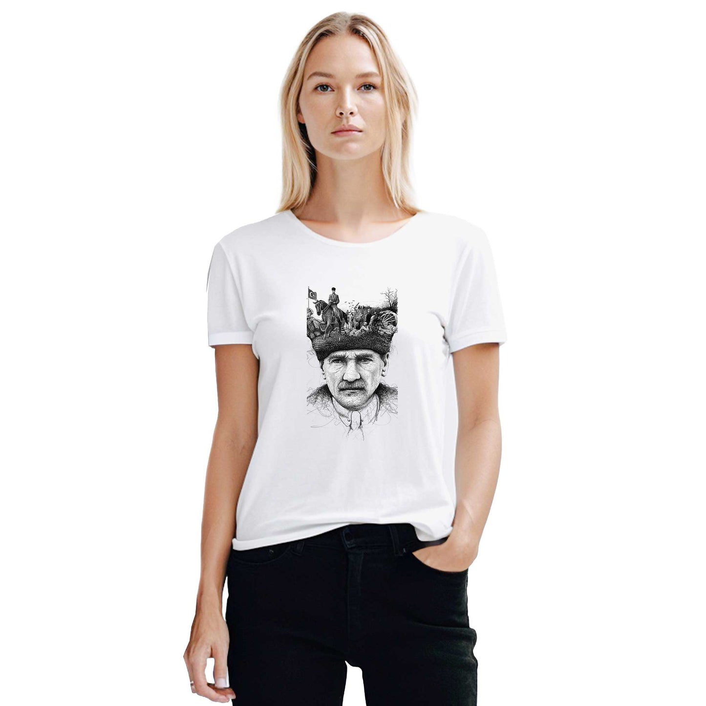18 Mart Atatürk portresi Beyaz Kadın Tişört