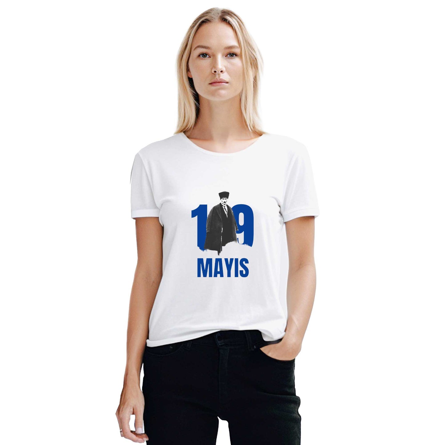 19 Mayıs Mavi Anma Beyaz Kadın Tişört