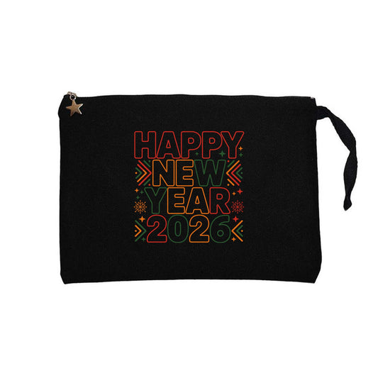 2026 Text Happy New Year Siyah Clutch Astarlı Cüzdan / El Çantası