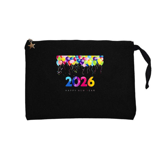 Happy New Year Balonlar Siyah Clutch Astarlı Cüzdan / El Çantası