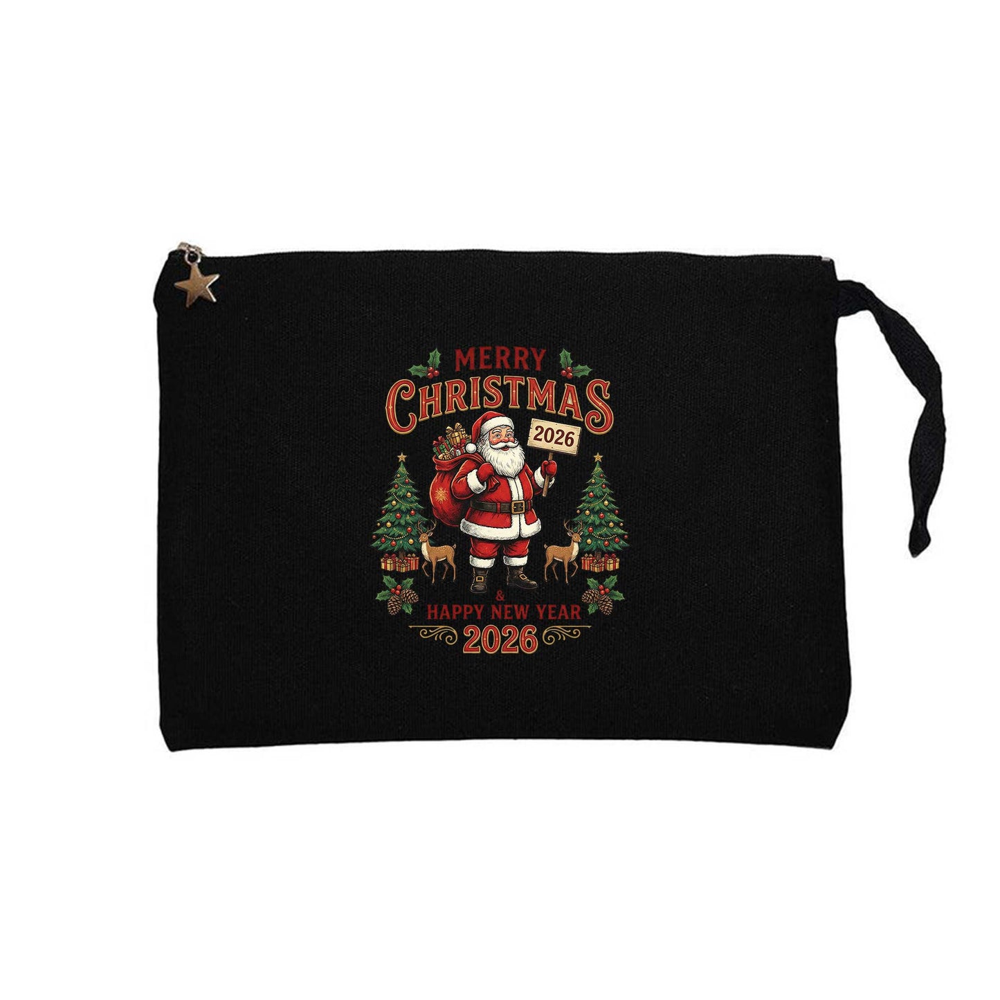 New Year 2026 Noel Baba Siyah Clutch Astarlı Cüzdan / El Çantası
