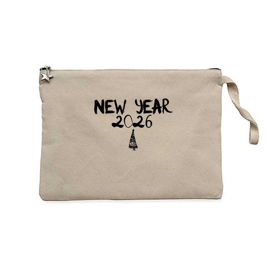 New Year 2026 Yılbaşı Ağaçı Krem Clutch Astarlı Cüzdan / El Çantası
