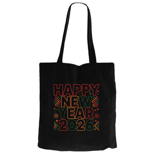 2026 Text Happy New Year Siyah Fermuarlı Bez Çanta Gabardin