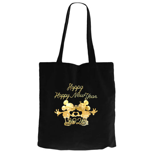 Happy New Year Mickey Siyah Fermuarlı Bez Çanta Gabardin
